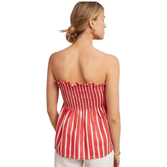 Faithfull The Brand Mazur Strapless Striped Linen Top Smocked US 6 Peplum - Picture 3 of 15